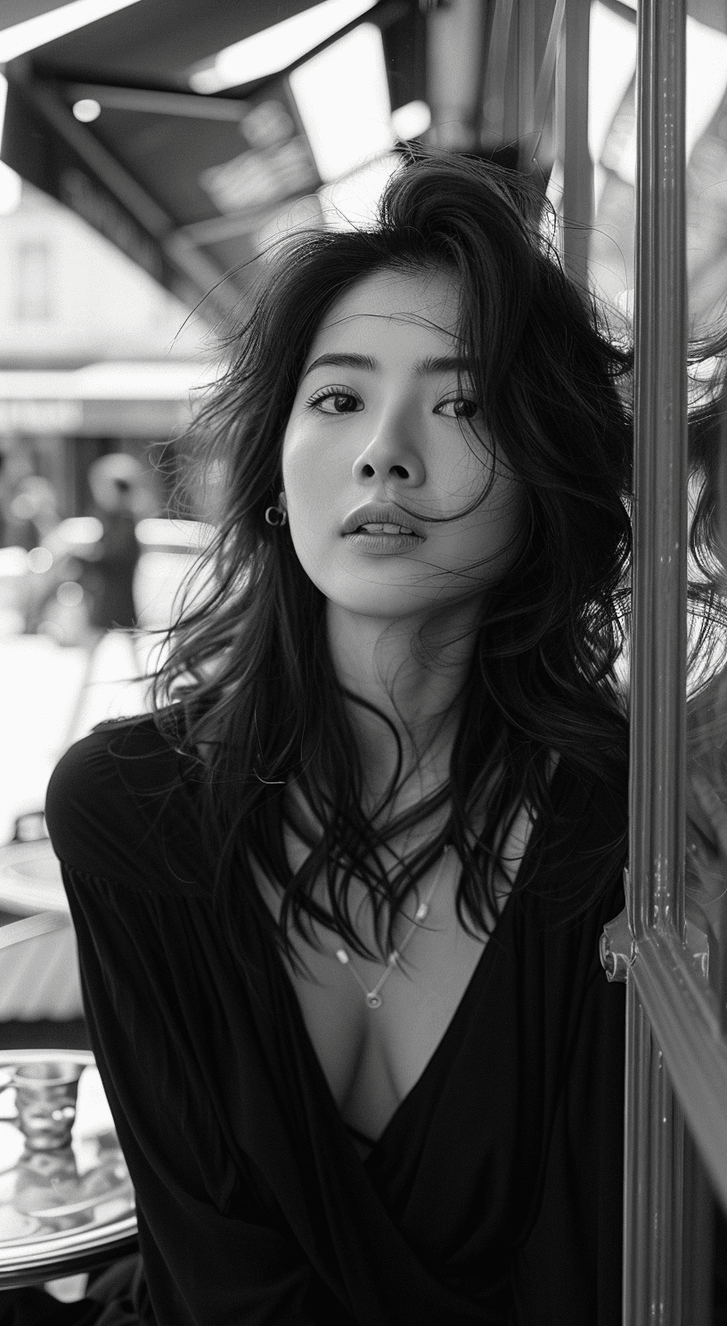 AI generated: ultra-realistic black and white photo of a beautiful Asian woman, shot on a Sony a7III, on the stree...