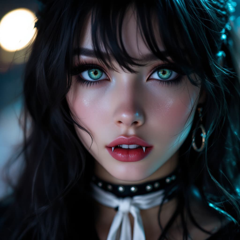 AI generated: cute girl, A close-up portrait of a woman with striking features. She has long, flowing dark hair, p...
