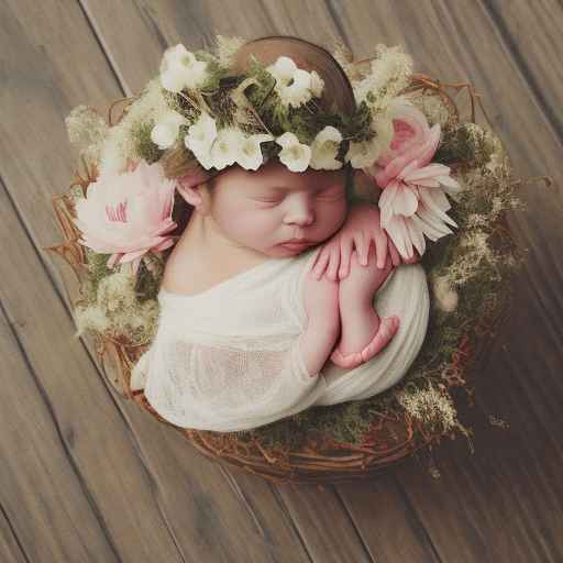 AI generated: baby girl in flower crown in wicker basket on wooden floor, beautiful little girl, flower child, cut...