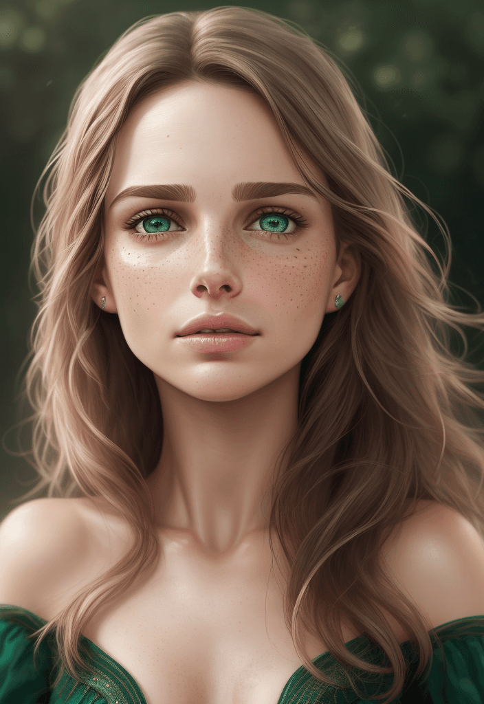 AI generated: ultra realistic, nathalie portman, freckles, blushing, flowing hair with emerald eyes beautiful face...
