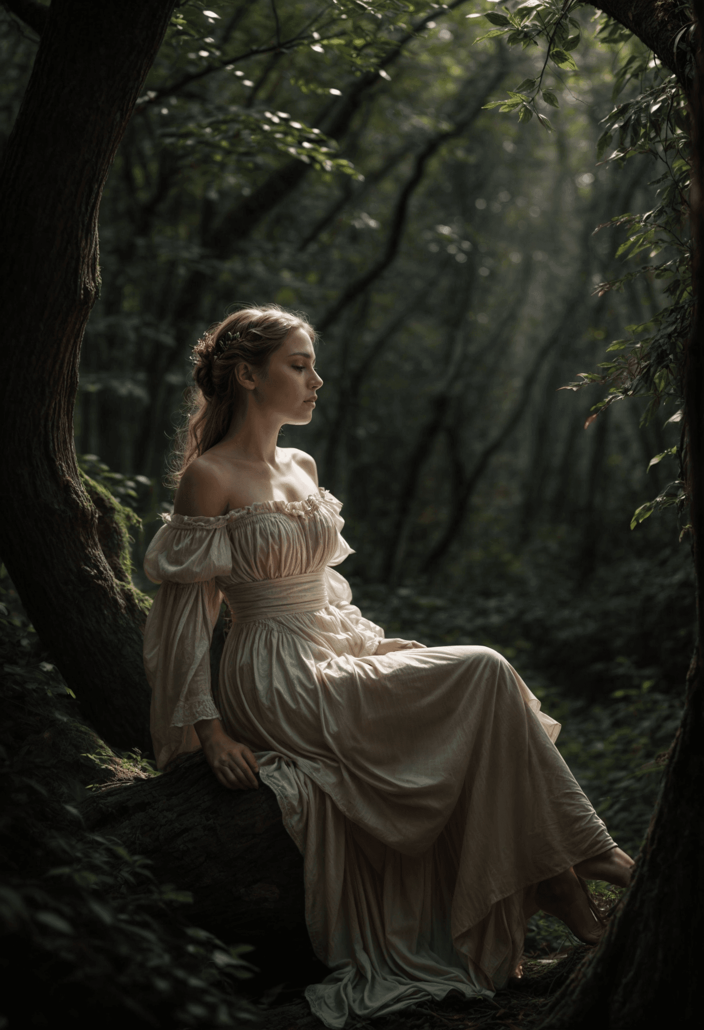 AI generated: Chiaroscuro scene of an enchanted forest, [Baroque | Romanticism], a shimmering ethereal light break...