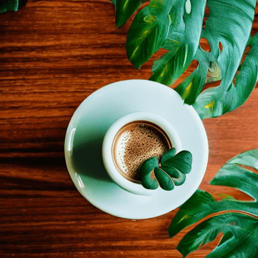 AI generated: A beautiful coffee cup on a desk in tropical modernism style inside of a forest and full of trees an...