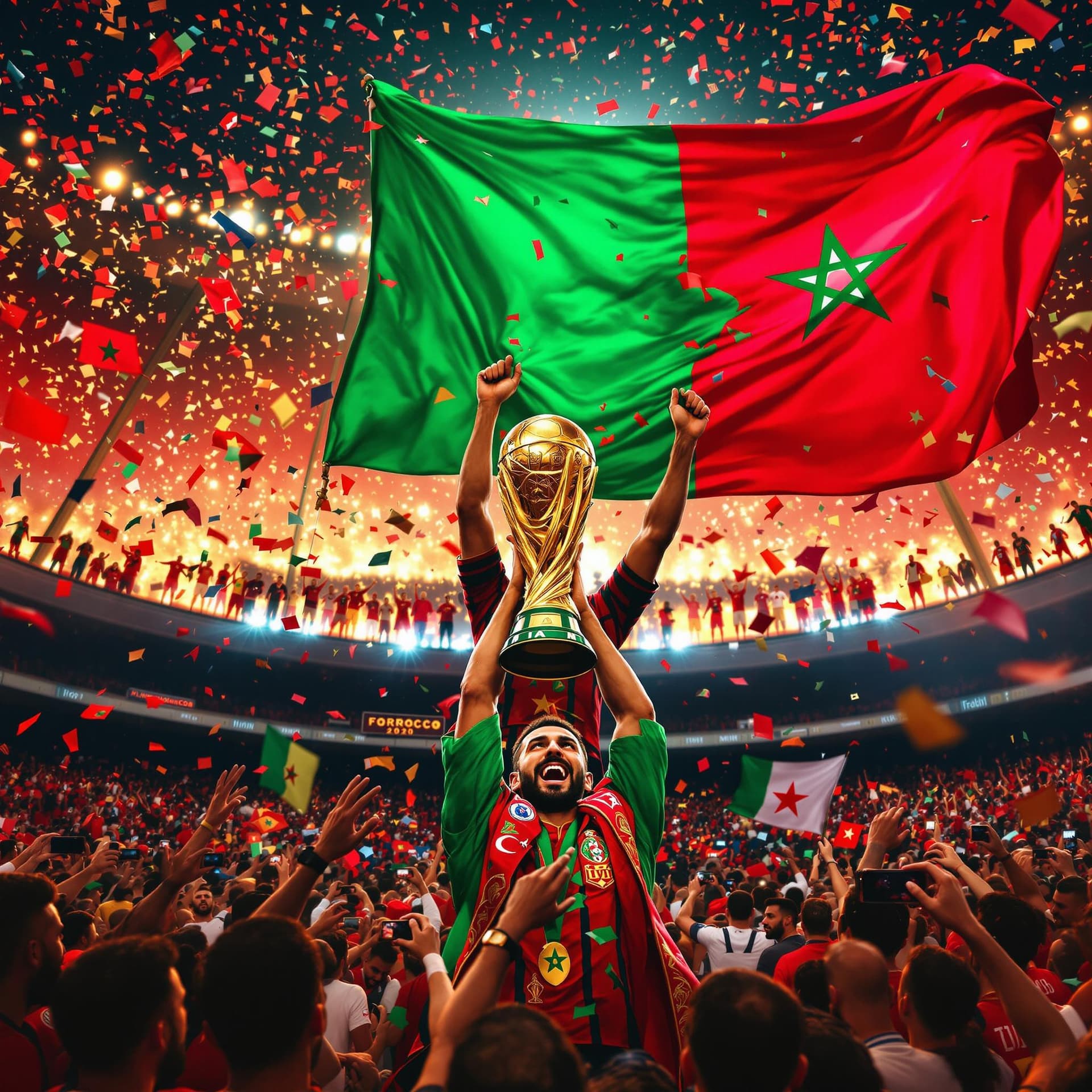 AI generated: National Moroccan Team of Football wining the World cup 2030 in Morocco with vibrant and huge happy ...