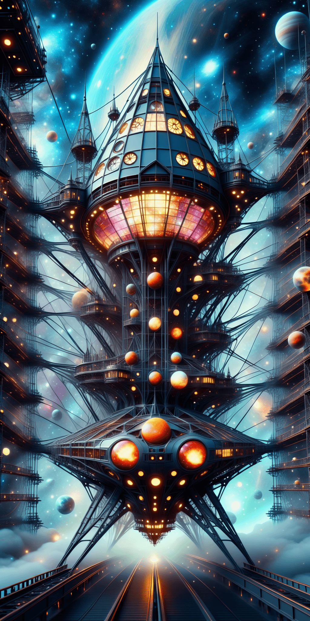 AI generated: Extraterrestrial spacecruiser made of ebru colored scaffolding, in a fantasy fantastic universe of d...