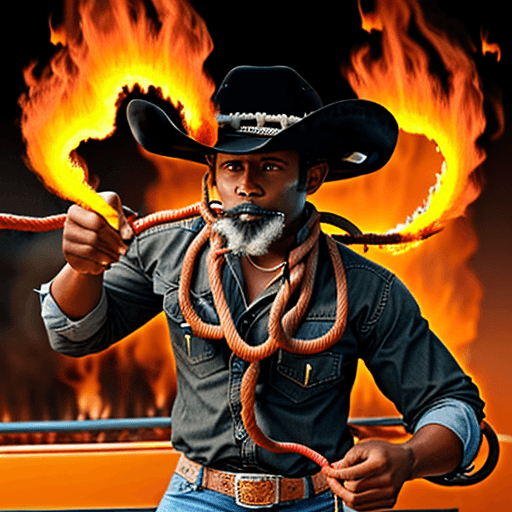 AI generated: a black man lassoing a rope on Fire