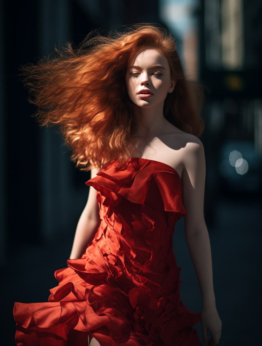 AI generated: full body photo head-to-toe of a beautiful red headed kristine froseth, walking in high heels, hair ...