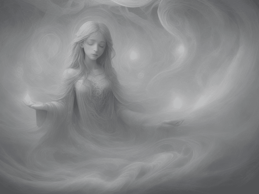 AI generated: The background of the image is a soft, muted grey, with delicate, swirling patterns that seem to evo...