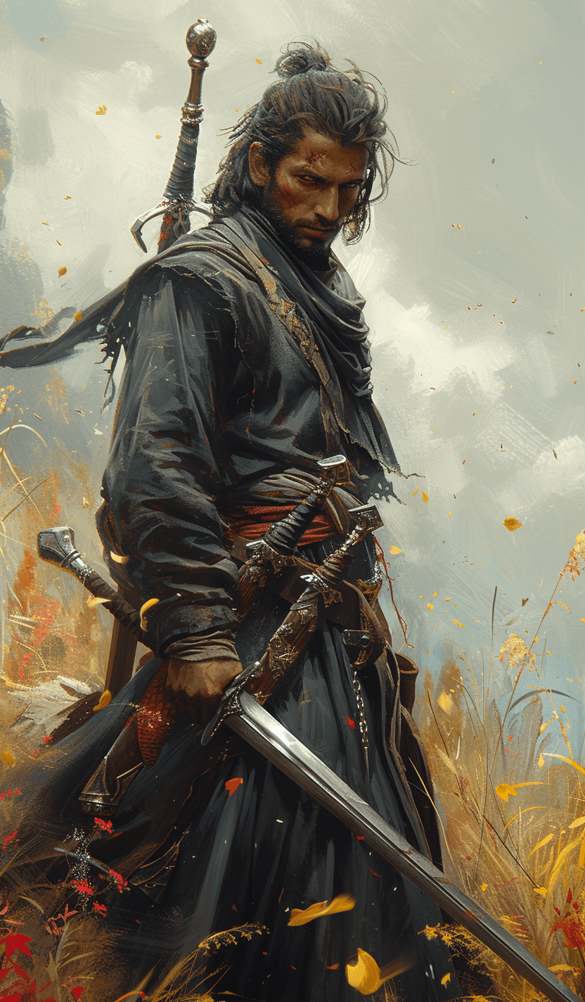 AI generated: fantasy illustration of a man holding a sword, in the style of krenz cushart, utilitarian, skottie y...