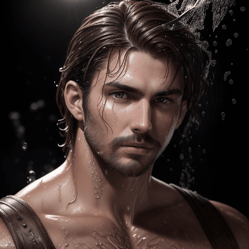 AI generated: Brunette man, wet brown hair, with splash of water hit over his face, serious, masculine, heroic, wi...