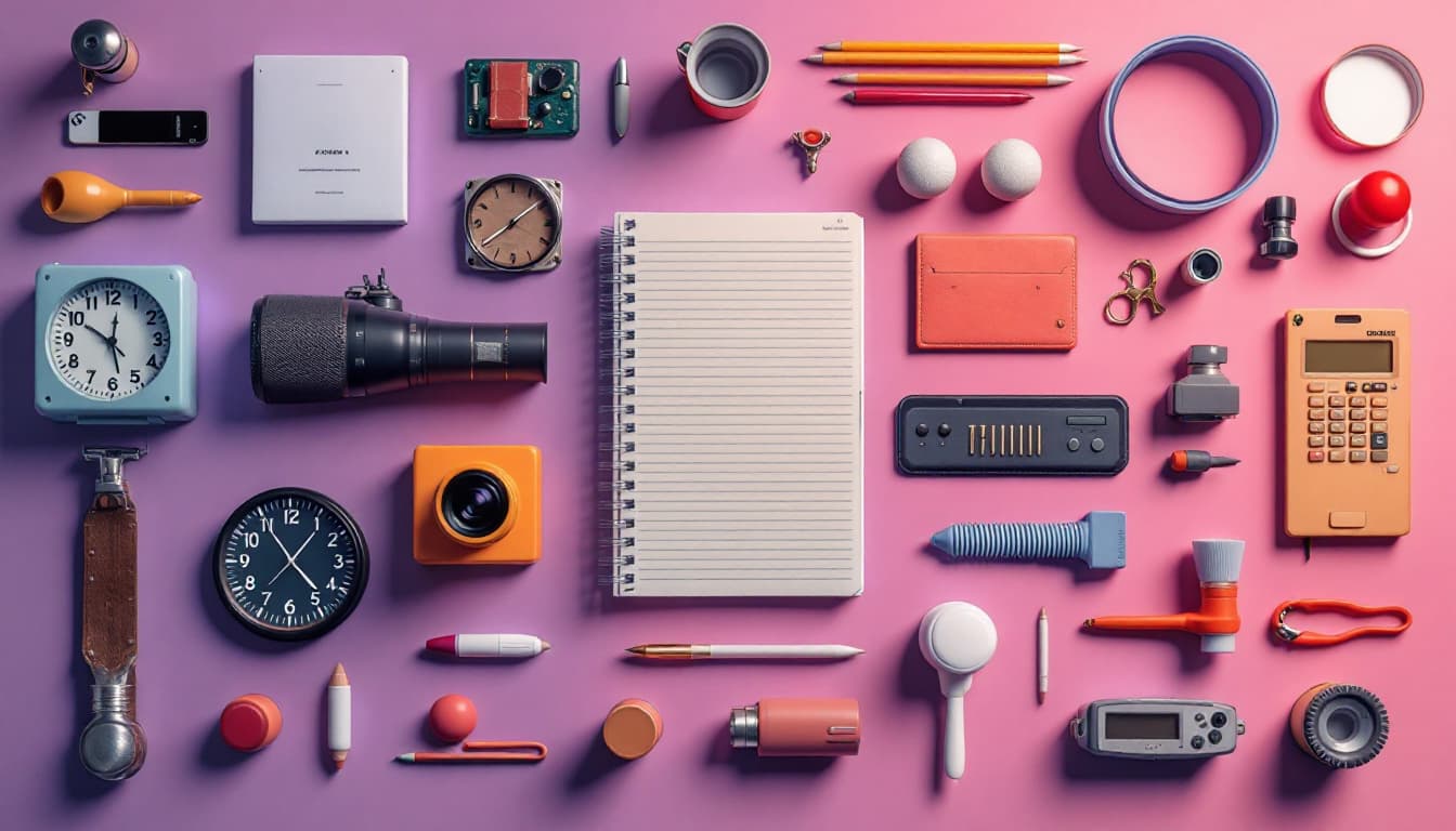 AI generated: perfect explorer objects knolling :: Wes Anderson color palette, studio lighting, low contrast, 8k -...