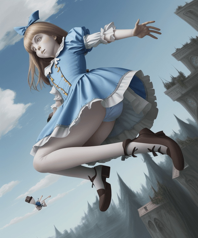 AI generated: realistic drawing 
alice from alice in wonderland free falling from the sky 
alice body is horizonta...
