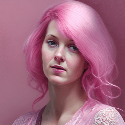 AI generated: A woman wearing pink hair in a pink lace dress, in the style of hyperrealism and photorealism, UHD i...