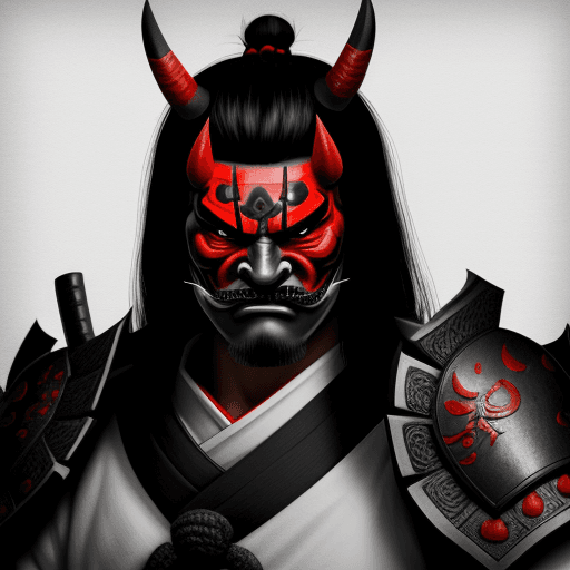 AI generated: black and white samurai with red oni mask background