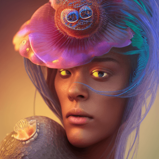 AI generated: Goddess close-up portrait ribcagel. jellyfish phoenix head, nautilus, orchid, skull, betta fish, bio...