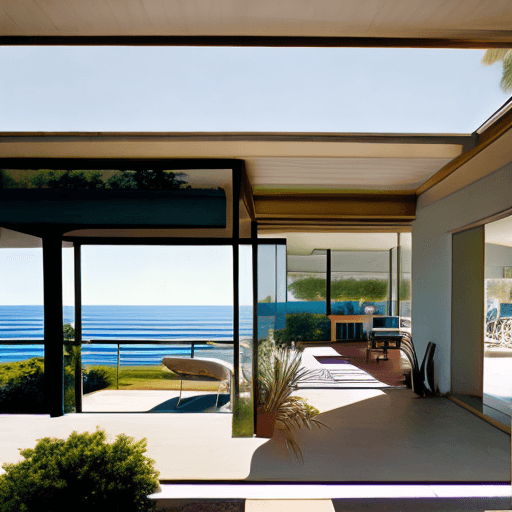 AI generated: Hyper realistic eye level exterior photo of a mid century modern style house overlooking the ocean, ...