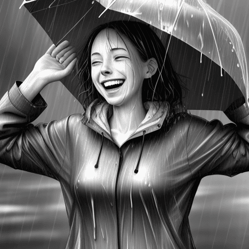 AI generated: laughing and smiling, raining, wet clothes , woman,sketch

