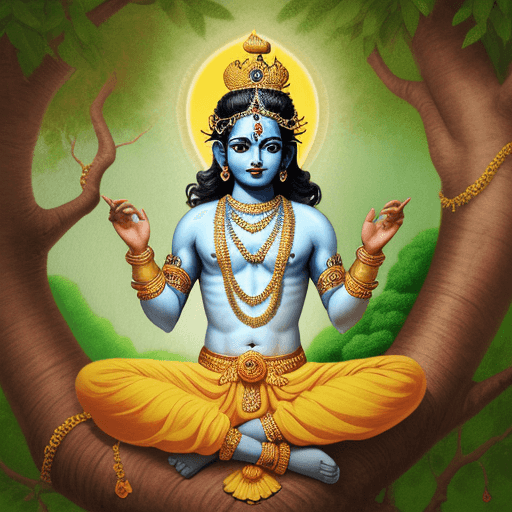 AI generated: A lord Krishna  seating on a tree 