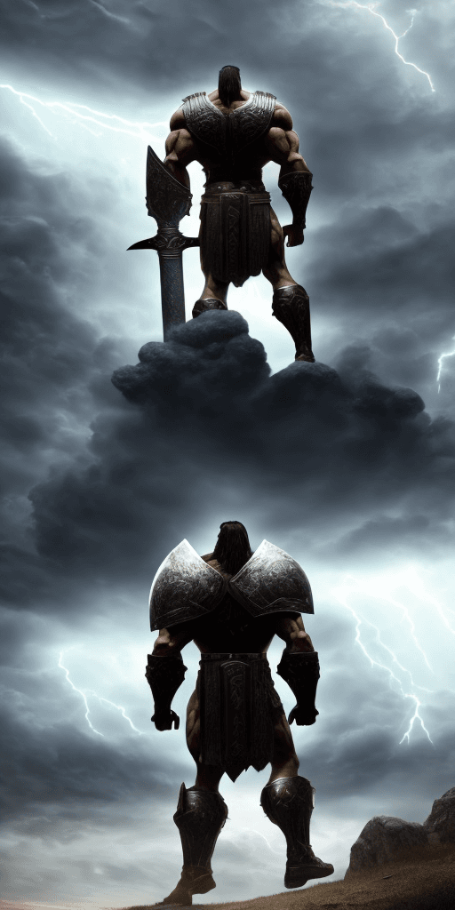 AI generated: A strong, massive, God-like, muscular warrior titan, standing off in the distance holding a heater-s...