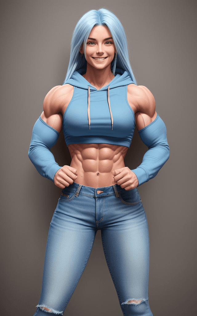 AI generated: 20 year old strong muscular woman, six pack,  toned biceps, muscular legs, long blue hair, wears den...