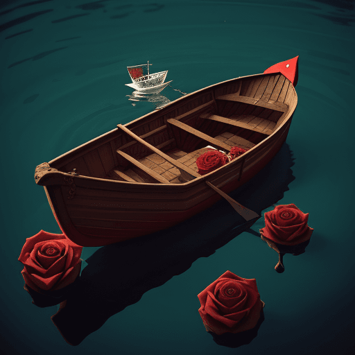 AI generated: A rose in a boat, floating in hell