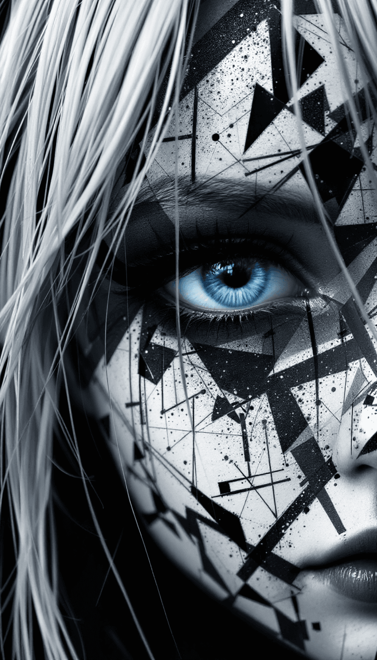 AI generated: close-up of a monochromatic geometric collage painted on a gothic anime geisha chibi face, hair fall...
