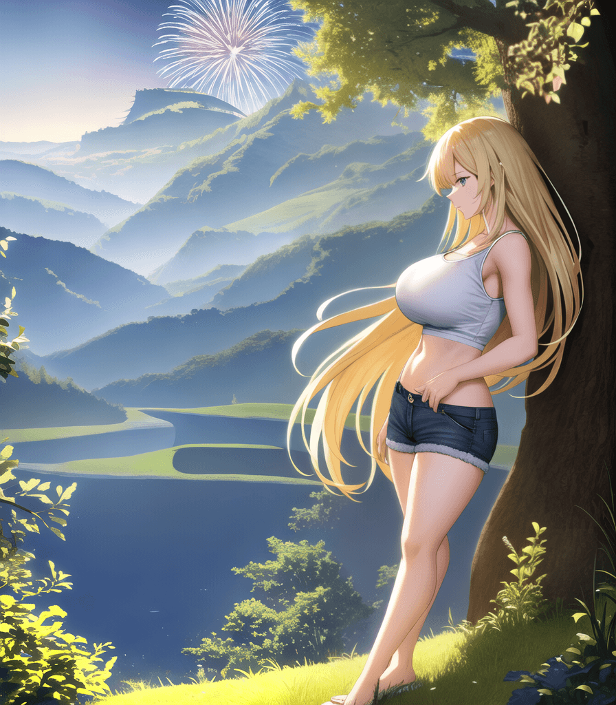 AI generated: ((perfect anime illustration)), 1girl, (long blonde hair), night sky, 8:00 pm, ((standing on grass, ...