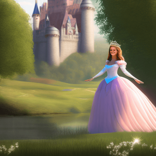 AI generated: young woman dressed as princess, smiling, castle in background, (((full body visible) )), looking at...