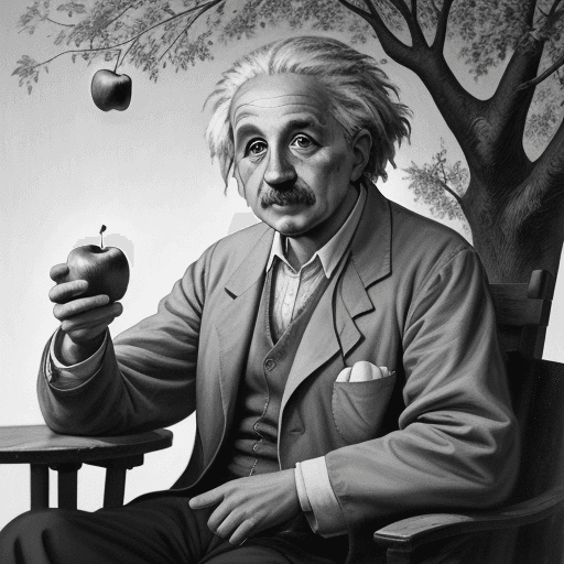 AI generated: Photorealistic painting of the scientist Albert Einstein, sitting under a tree with an apple falling...