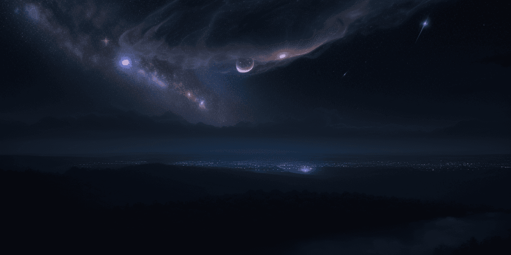 AI generated: cosmic night sky filled with planets, clouds, constellations and a supernova. Tranquil peaceful land...