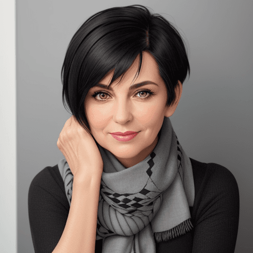 AI generated: A woman wearing a black top and a gray-toned patterned scarf is looking at the camera with her chin ...