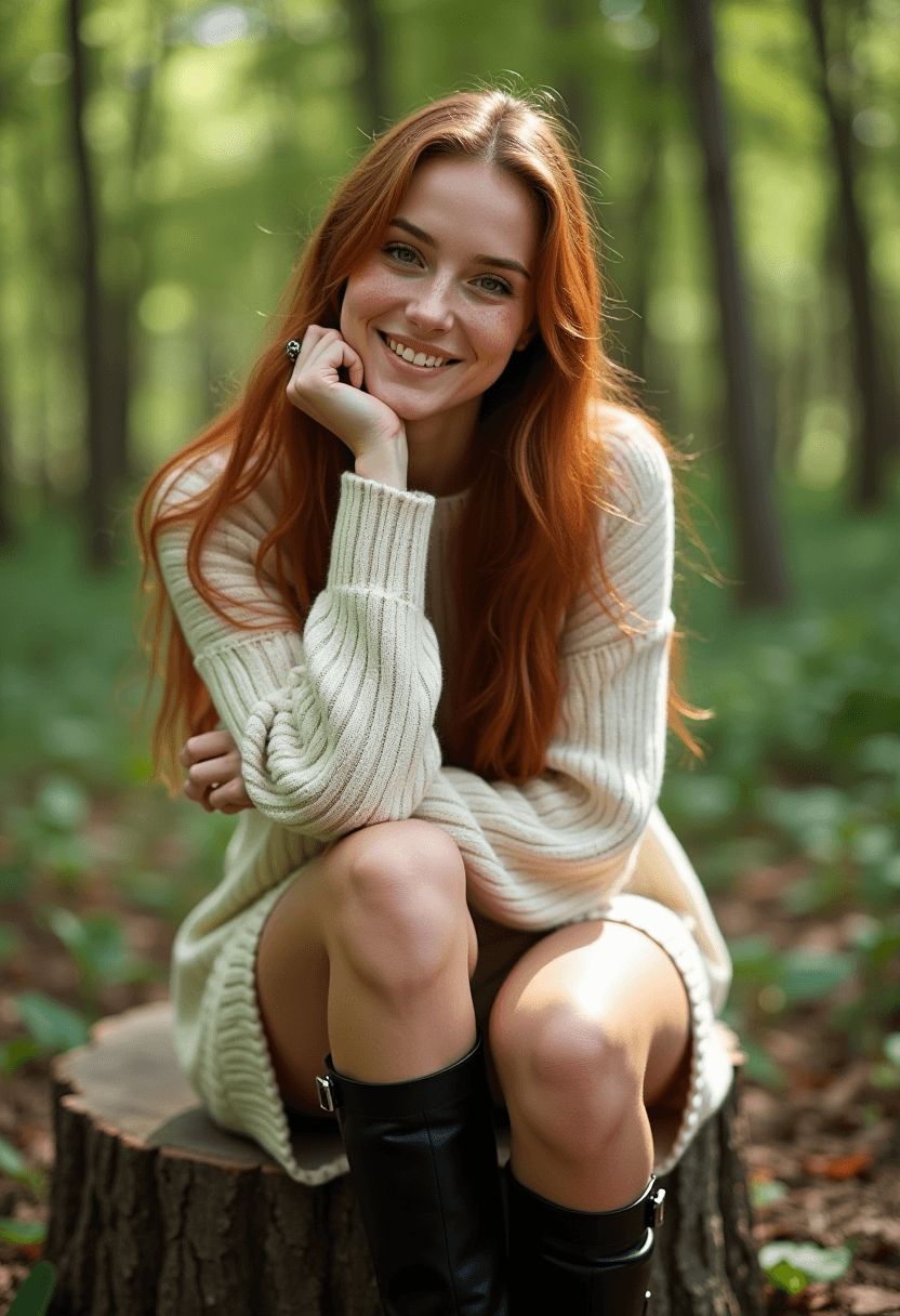 AI generated: breathtaking beautiful young woman, happy and smiling, long auburn hair, fair complexion, light frec...