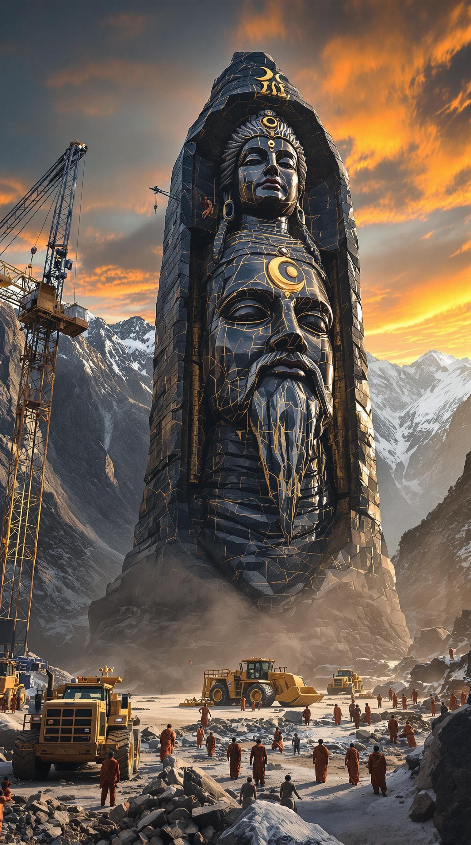 AI generated: A sprawling construction site nestled in a rugged Himalayan valley, where hundreds of miniature sadh...