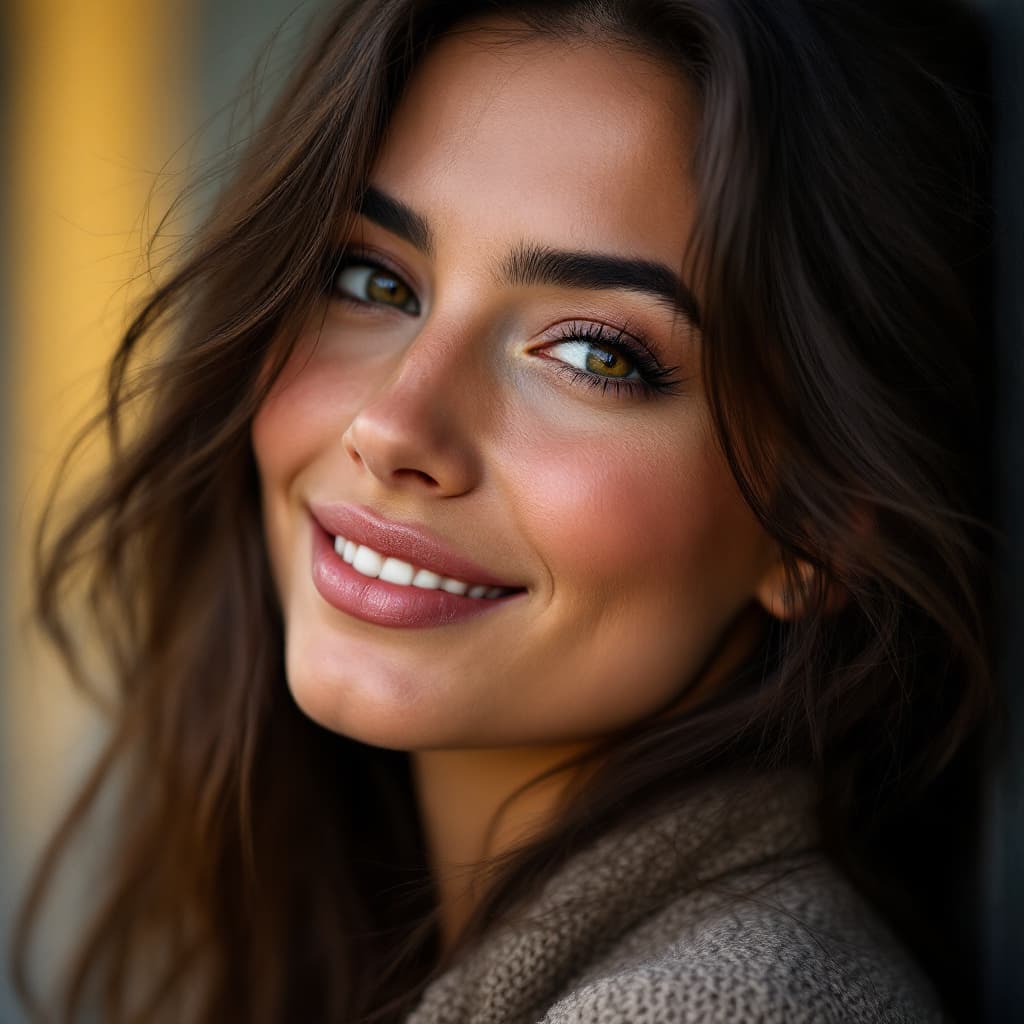 AI generated: Close-up portrait of a woman from Spain, mixed face, no make-up just natural, with long hair, natura...