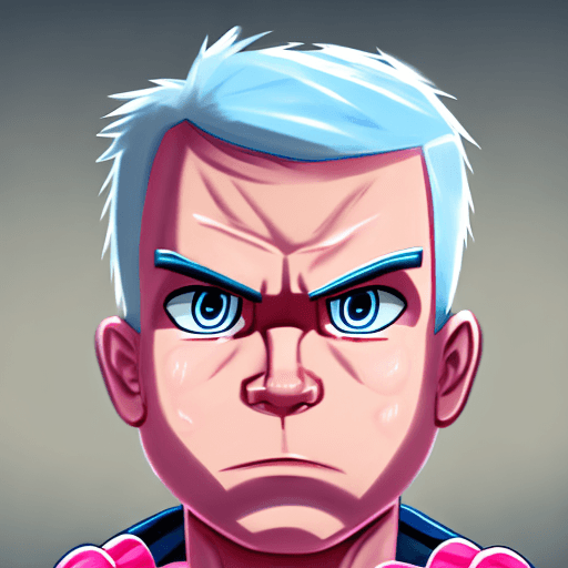AI generated: A big head brawny square jaw athletic male superhero, Large Rectangle White Eyes, Oversizes Neon Blu...