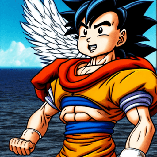 AI generated: Toriyama Akira's comic IP Goku, with white angel wings behind him and an angel ring on his head, wav...