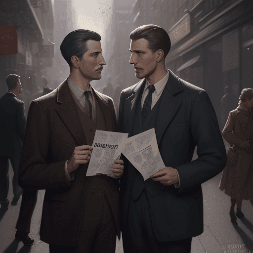 AI generated: Portrait of two men talking on the street about the 1940 election candidates, flyers of a right-wing...