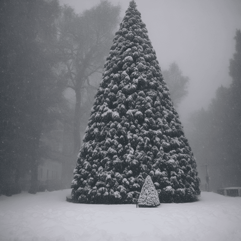 AI generated: Huge Christmas Tree in a town with lot of snow in the style of Gregory Crewdson, cinematic, spooky, ...