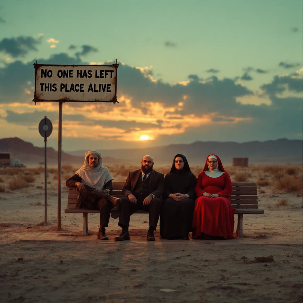 AI generated: wide shot of a bus station located in the middle of the dessert, is sunset , dusty enviroment. on th...
