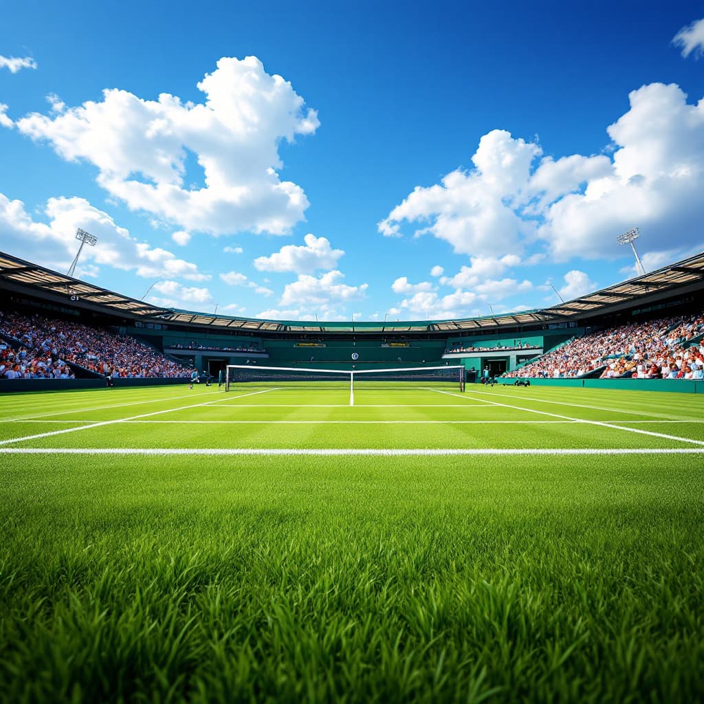 AI generated: Hyper realistic image of Wimbledon main court with racquets, blue sky and green grass