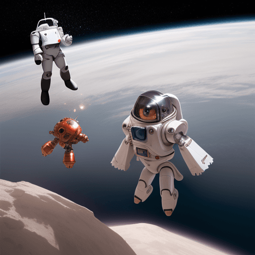 AI generated: a girl with white armor rescuing her small robot in the space



