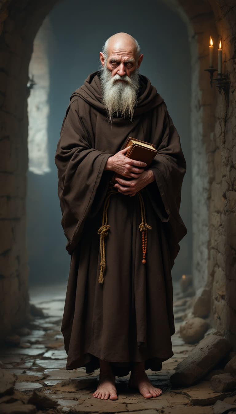AI generated: "Full-body portrait of Father Anselm, an elderly monk with a thin, frail build. He has a bald head, ...