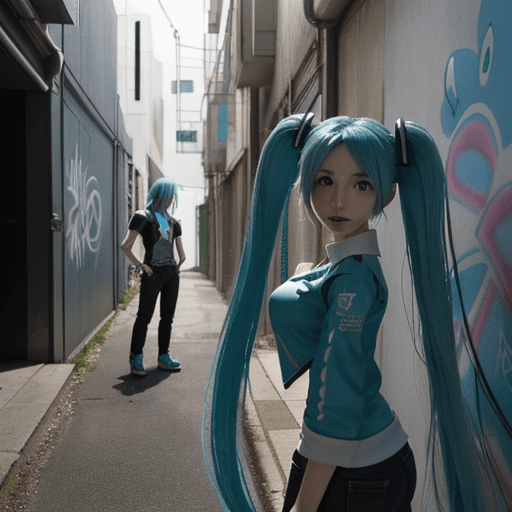 AI generated: Hatsune Miku and Sonic The Hedgehog standing in an alleyway with grafitti on the walls.