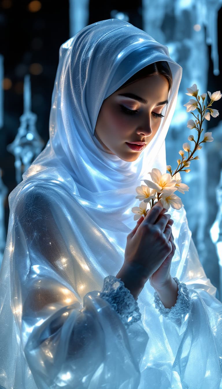 AI generated: Ultra-realistic and ultra-detailed ice sculpture of a young, beautiful North African woman wearing a...