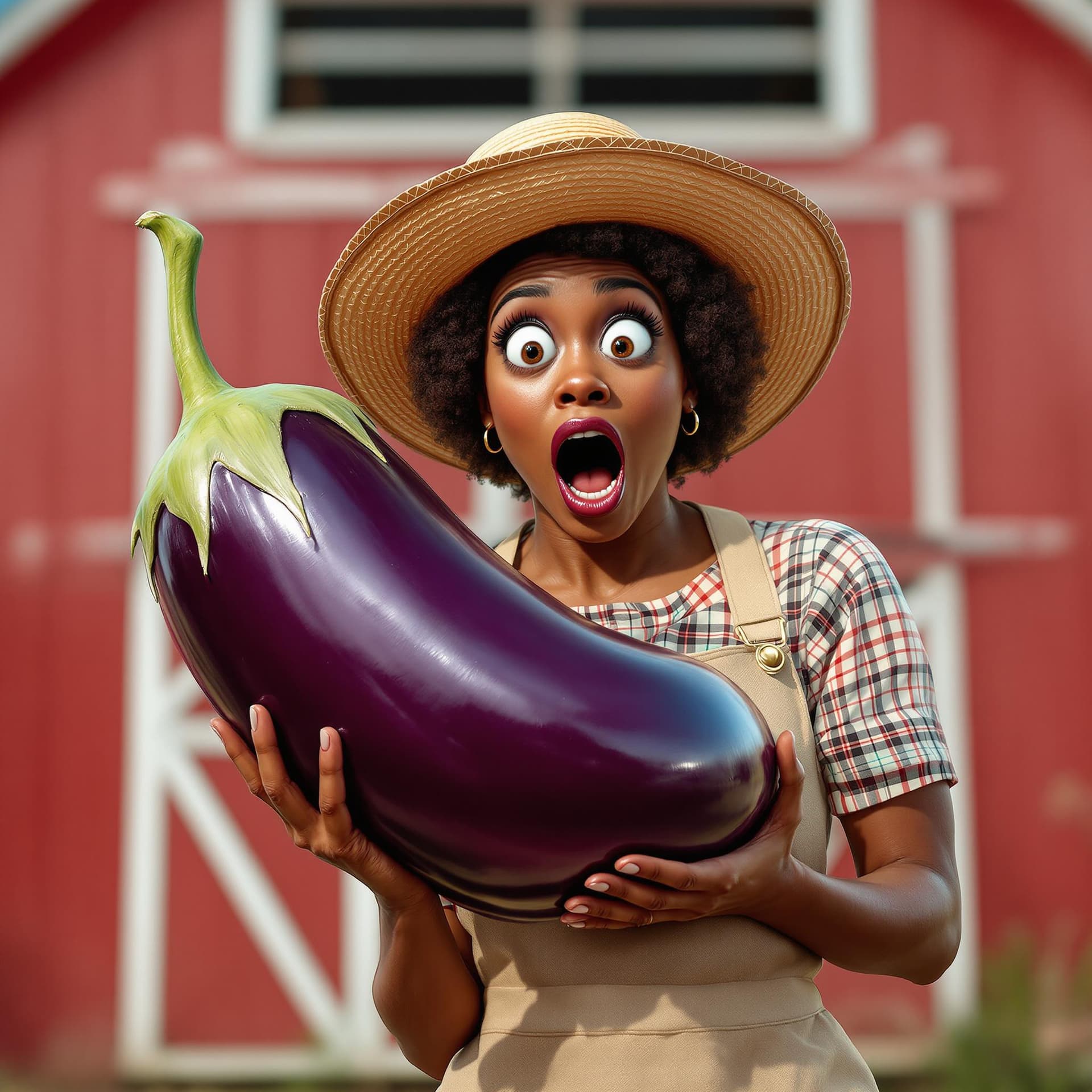 AI generated: A surprised African American female farmer in a straw hat and apron holding a giant, shiny eggplant ...