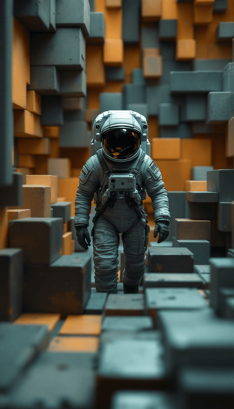 AI generated: wide angle photo of an astronaut:: minimalist space metal basket weaving blocks, in the style of mov...