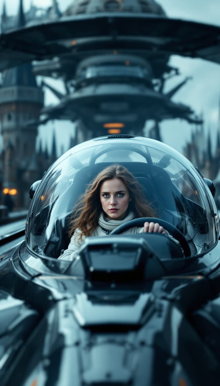 AI generated: High resolution photography of Hermione Granger as an astronaut sitting in the flying car from the m...