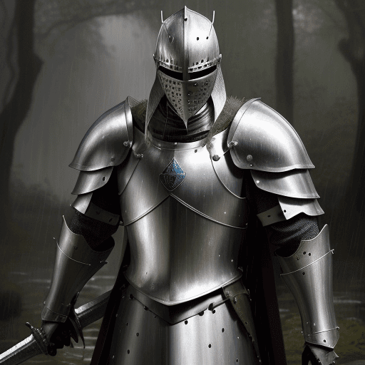 AI generated: Generate a hyper-realistic portrait of a knight standing in a dense forest near a medieval village. ...