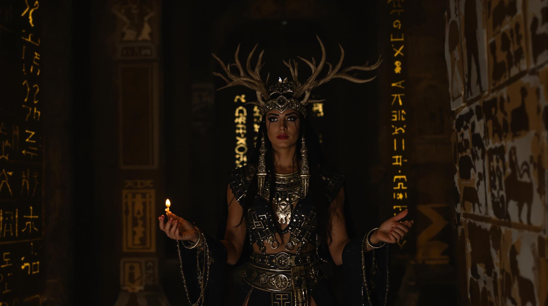 AI generated: A photorealistic portrait of a walking beatiful Norse priestess with raven-black hair, in an dark Eg...