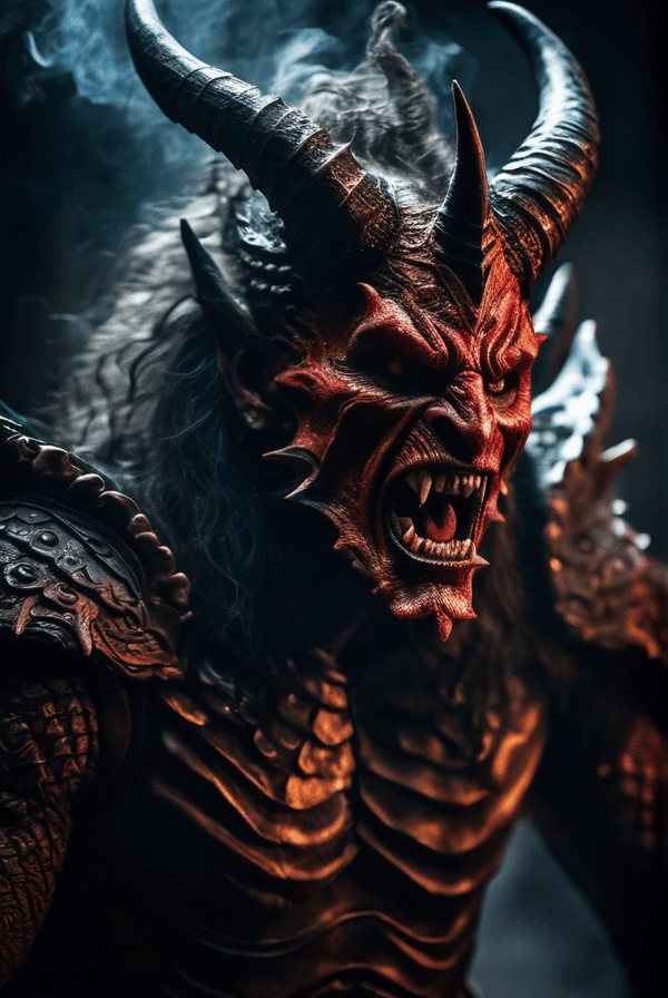 AI generated: (((face portrait))), Horror-themed cinematic film still,a horrifying red-skinned male demon king, (f...