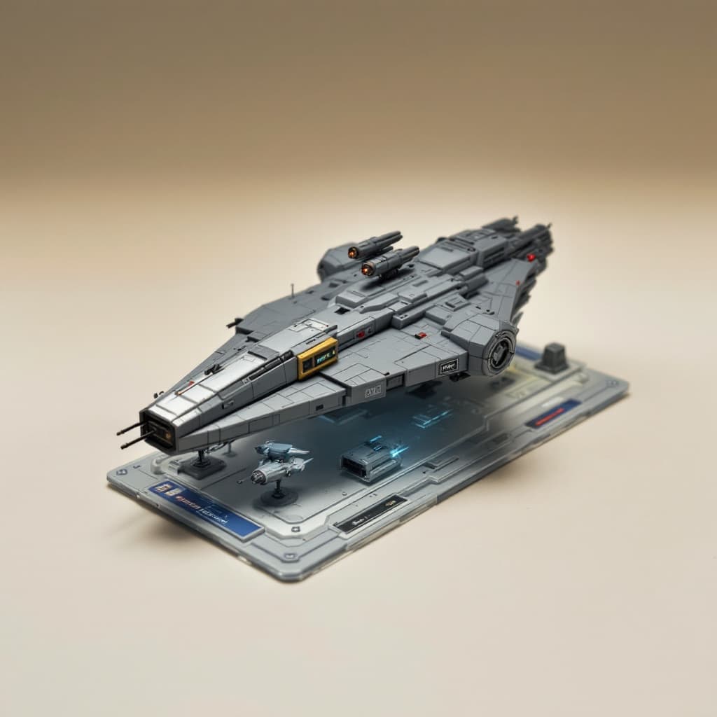 AI generated: A starship in a blister card, whit 2 escape pods, and space station